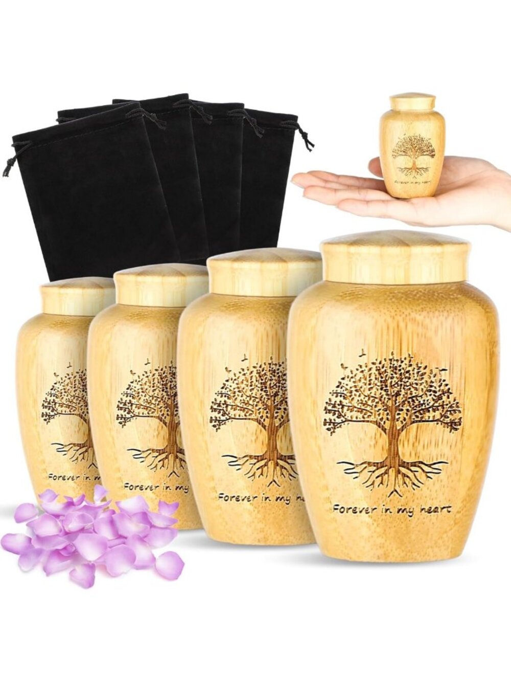 Set of 4 Mini Biodegradable Bamboo Urns for Human & Pet Ashes with Velvet Bags